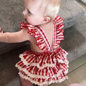 Red Gingham Outfit Birthday Dress Romper First Birthday Sweet one berry plaid